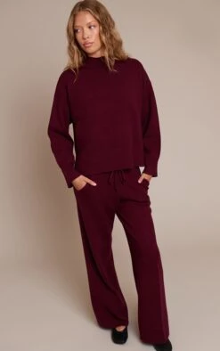 Burgundy Drawstring Wide Leg Knitted Pants