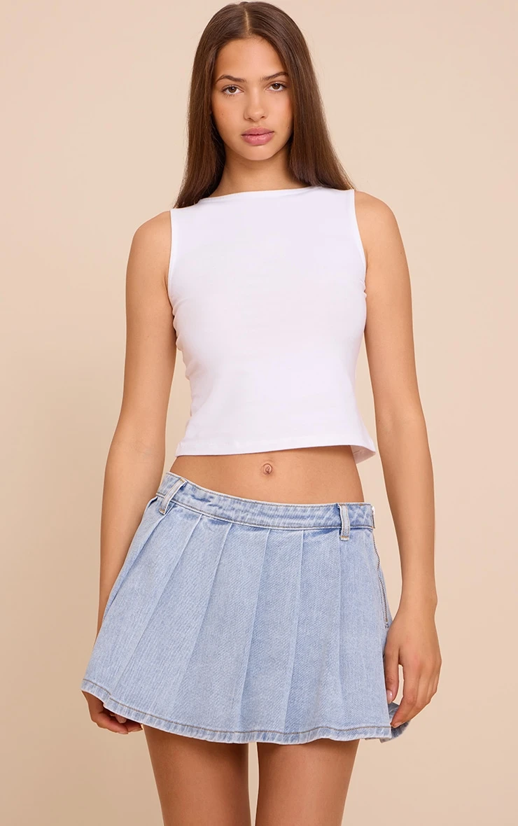 Prettylittlething Light Blue Low Rise Pleated Denim Mini Skirt 1 Prettylittlething Light Blue Low Rise Pleated Denim Mini Skirt
