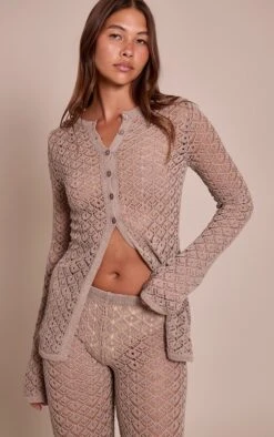 Taupe Crochet Knit Long Sleeve Cardigan