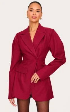 Prettylittlething Burgundy Drop Shoulder Cinch Waist Extreme Oversized Blazer