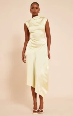 Sage Satin High Neck Midaxi Dress