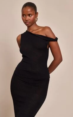 Prettylittlething Black Towelling Fine Knit Asymmetric Top