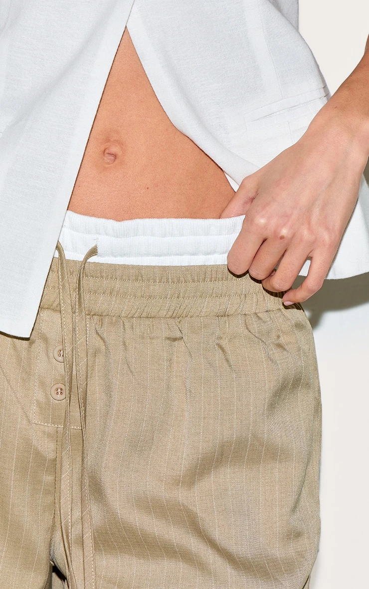 Prettylittlething Olive Pinstripe Print Button Front Straight Leg Pants - Image 4