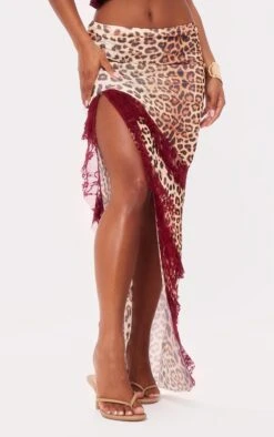 Prettylittlething Burgundy Leopard Print Lined Mesh Thigh Split Lace Trim Maxi Skirt
