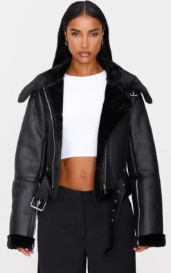 Prettylittlething Black Multi Zip Cropped Aviator