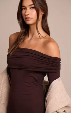 Prettylittlething Chocolate Soft Touch Jersey Bardot Bodycon Dress -Pretty Little Thing Shop e1a75929165e12d0f6e1a8d3de7d7e08d633f272 CNO3503 4 chocolate soft touch jersey bardot bodycon dress