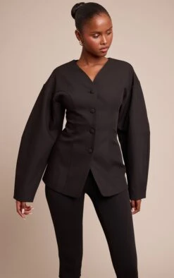 Prettylittlething Black Collarless Fabric Covered Button Blazer