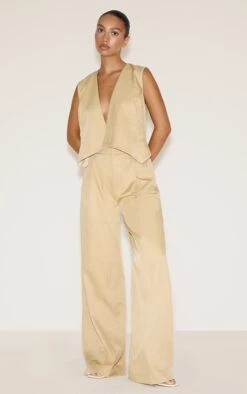 Prettylittlething Camel Woven Tailored Asymmetric Vest Jumpsuit