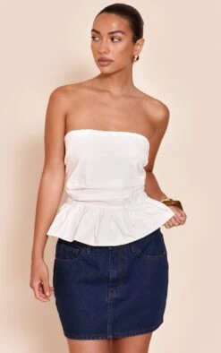 Prettylittlething Ecru Cotton Bandeau Peplum Frill Top