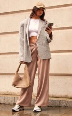 Prettylittlething Taupe Premium Pleat Front Straight Leg Tailored Pants