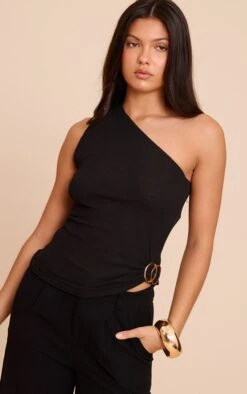 Prettylittlething Black Ribbed Onion Skin Trim Detail One Shoulder Top