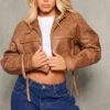Brown Faux Leather Distressed Cropped Biker Jacket