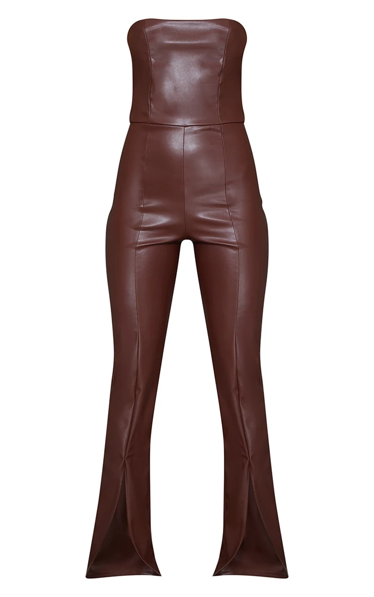 Chocolate PU Bandeau Split Hem Jumpsuit 5 Chocolate PU Bandeau Split Hem Jumpsuit - Image 5