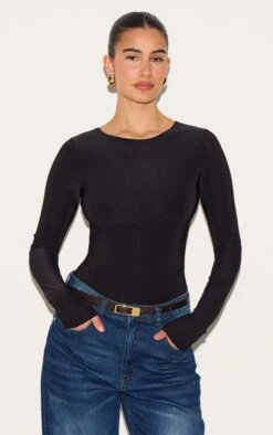 Prettylittlething Black Basic Slinky Long Sleeve Bodysuit