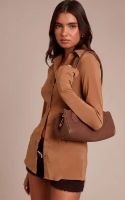 Prettylittlething Tan Chiffon Fitted Shirt