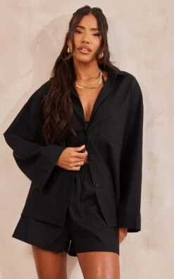 Prettylittlething Black Woven Balloon Sleeve Oversized Shirt