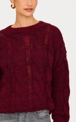 Prettylittlething Burgundy Marl Knit Distressed Detail Chunky Cable Sweater -Pretty Little Thing Shop e341b369cb6b27a830209b45f4aaed81bd6aacfa cnl5048 4