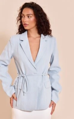 Prettylittlething Light Blue Tie Waist Linen Look Blazer