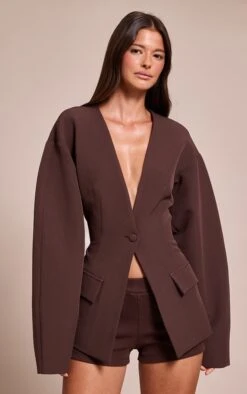 Prettylittlething Chocolate Cocoon Sleeve Cinched Waist Pocket Blazer