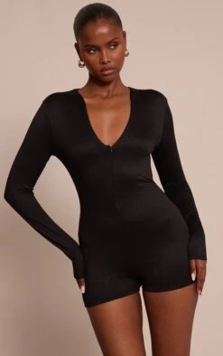 Prettylittlething Black Soft Touch Zip Up Unitard