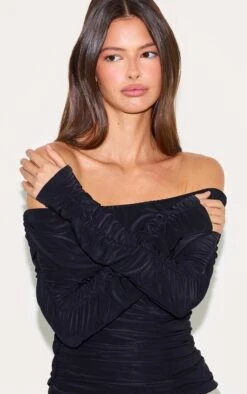 Prettylittlething Black Double Layer Slinky Ruched Detail Bardot Long Sleeve Top -Pretty Little Thing Shop e4b42d2a47339893782aeba58f868f4411e63130 CNM5811 4 black double layer slinky ruched detail bardot long sleeve top