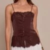 Chocolate Satin Button Up Lace Detail Cami