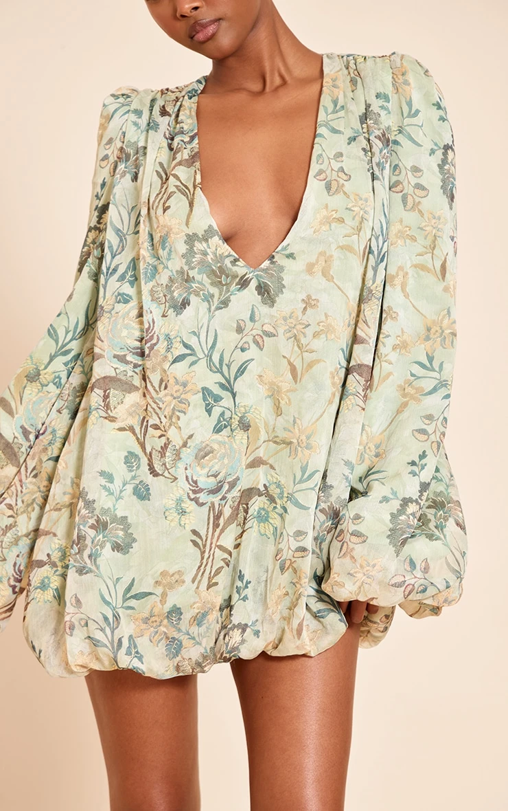 Sage Floral Print Plunge Puff Sleeve Shift Dress - Image 4