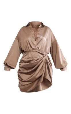 Prettylittlething Taupe Satin Drape Skirt Oversized Sleeve Shirt Dress -Pretty Little Thing Shop e4dfdd8b499741642f9e208be0bf526f911123db cnc6215 5