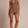 Prettylittlething Khaki Button Detail Unitard
