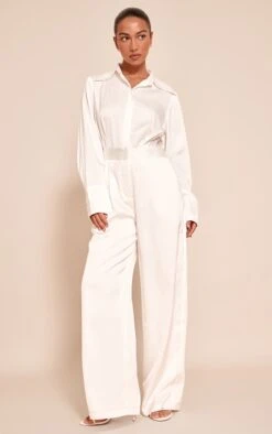 Prettylittlething White Satin Shirt Detail Wide Leg Jumpsuit