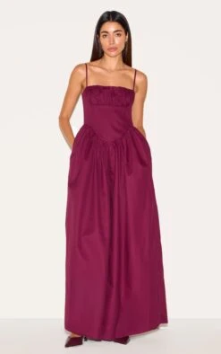 Prettylittlething Plum Premium Ruched Corset Detail Wide Leg Jumpsuit