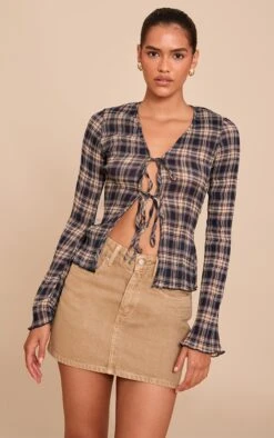 Prettylittlething Blue Plisse Check Printed Blouse