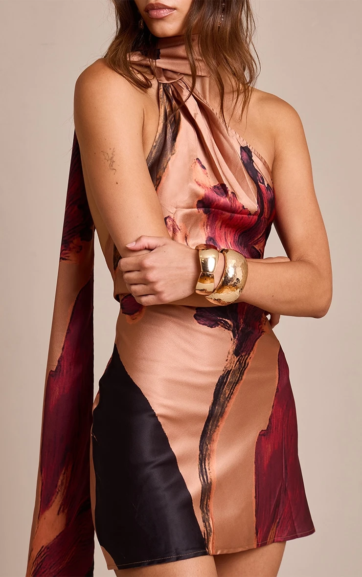 Prettylittlething Burnt Orange Floral Printed Satin Mini Dress - Image 4