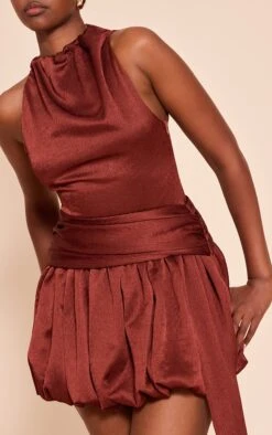 Rust Textured High Neck Puffball Mini Dress -Pretty Little Thing Shop e610c5d3aa98bfba8d64b4bb6570a0ed48abaddd CNO1515 4 rust textured boat neck puffball mini dress