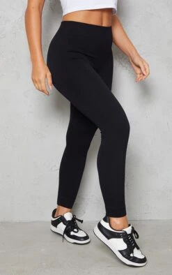 Prettylittlething Black Structured Snatched Rib Cuffed Detail Leggings