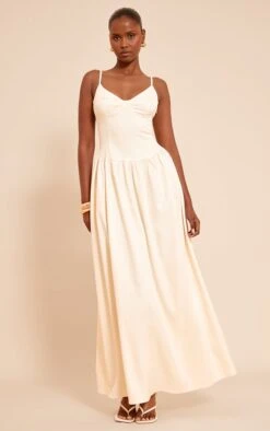Cream Woven Strappy Bust Detail Maxi Dress