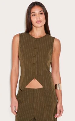 Prettylittlething Khaki Tailored Woven Pinstripe Cinched Vest