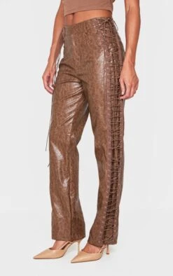 Prettylittlething Brown Faux Leather Lace Up Straight Leg Pants