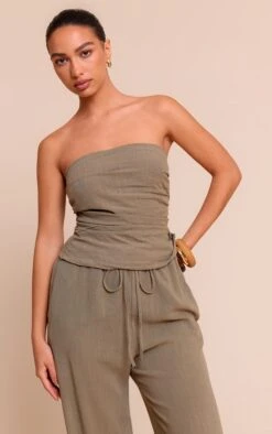 Prettylittlething Khaki Textured Bandeau Top