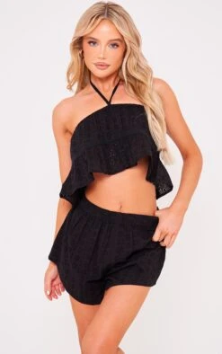 Prettylittlething Black Broderie Crochet Trim Halter Crop Top