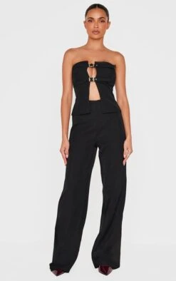 Prettylittlething Black Tailored Woven Thin Belt Detail Bandeau Jumpsuit