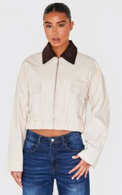 Prettylittlething Beige Contrast Collar Twill Jacket