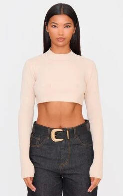Prettylittlething Oatmeal Knitted Cropped Crew Neck Sweater