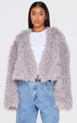 Prettylittlething Grey Cropped Faux Fur Style Coat
