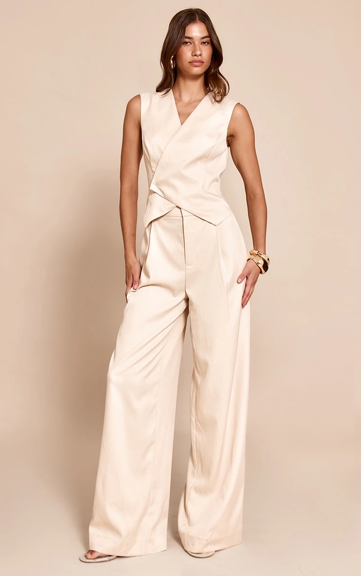 Prettylittlething Cream Woven Tailored Asymmetric Vest Jumpsuit 1 Prettylittlething Cream Woven Tailored Asymmetric Vest Jumpsuit