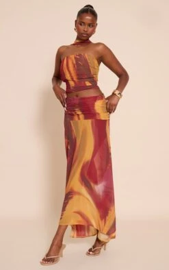 Multi Abstract Printed Chiffon Ruched Maxi Skirt