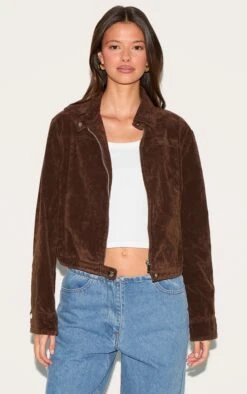 Prettylittlething Brown Brushed Faux Suede Seam Detail Jacket