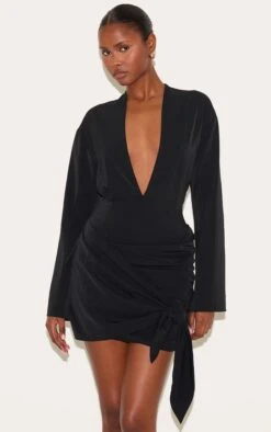 Prettylittlething Black Woven Plunge Wrap Shirt Dress