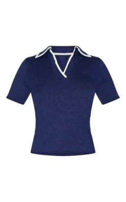 Prettylittlething Navy Knitted Contrast Polo Collar Top -Pretty Little Thing Shop e85461806897c6f0a0cef8209f0ddbcb9bad9e0f CNM7665 5 navy knitted contrast polo collar top