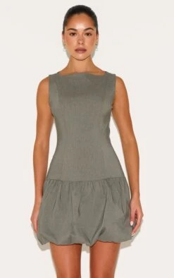 Prettylittlething Khaki Stretch Woven Puffball Dress